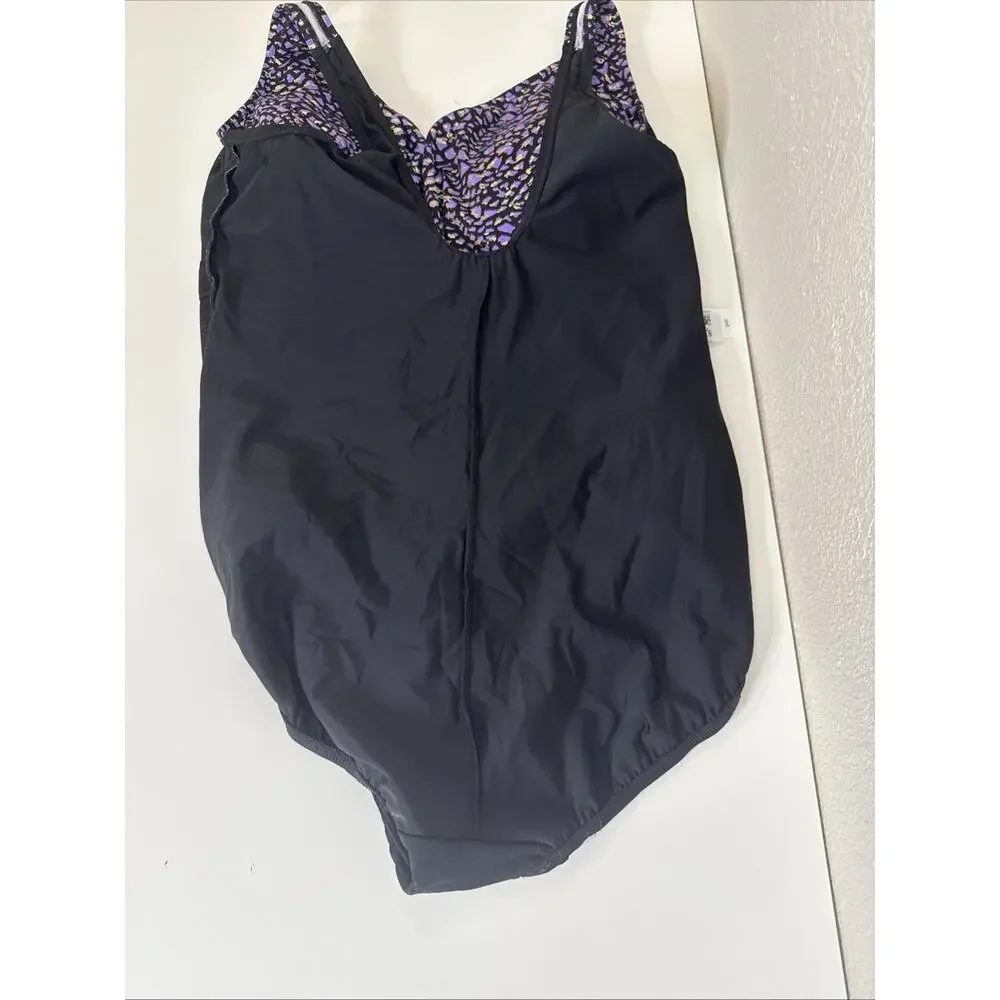 Longitude One Piece Swimsuit Plus Size 24W Black Purple Gold Wrap Front Leopard